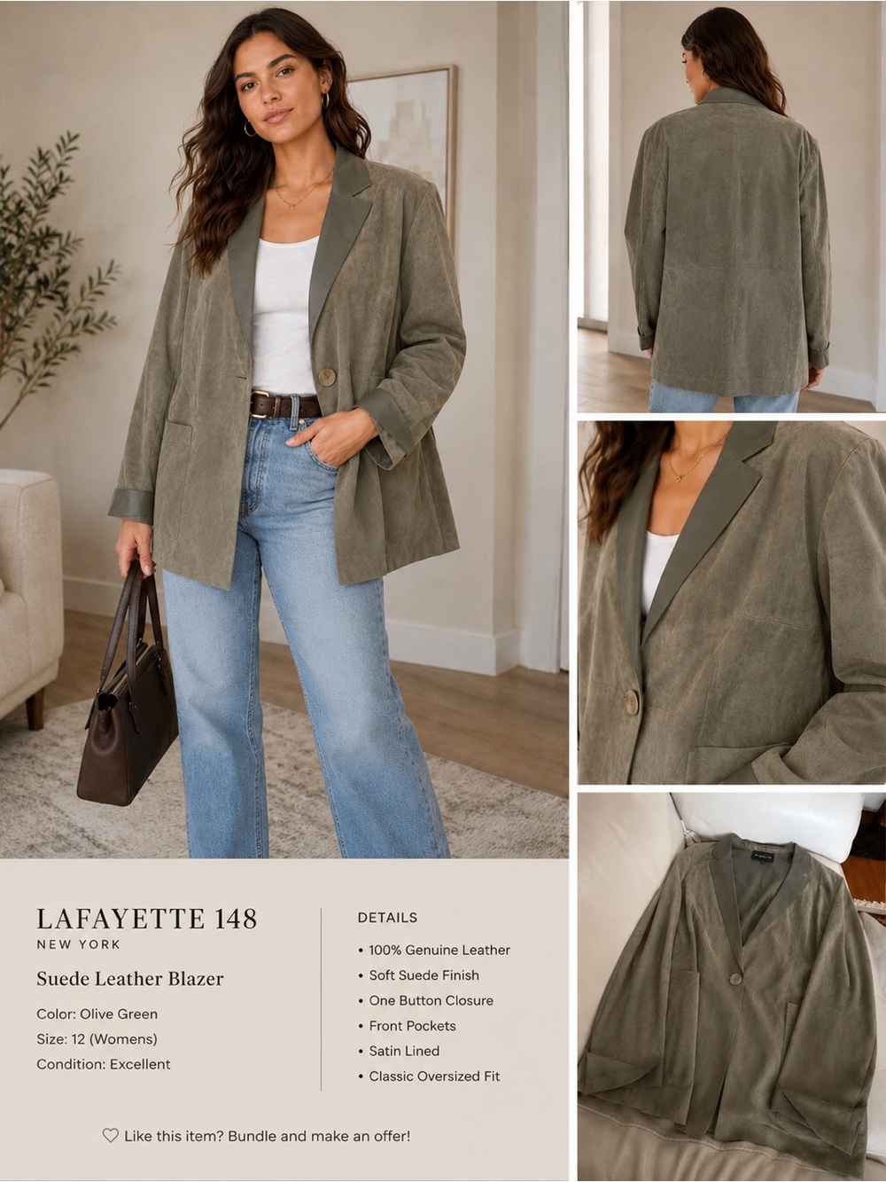 Lafayette 148 New York Olive Green Suede Blazer